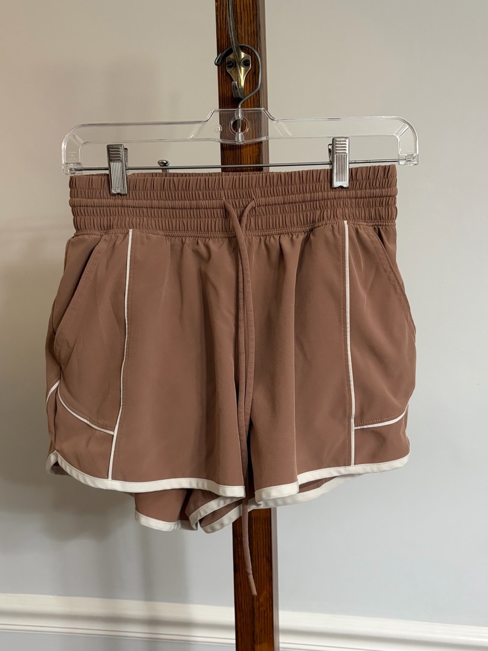 Women’s Athletic Drawstring Shorts in Light Brown with White Trim